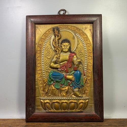 Wedding decoration 12"Tibet buddhism old wood Hand painted hold katana Fudo Acalanatha Wall hanging