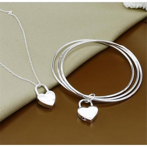 Charmhouse Silver 925 Jewelry Sets For Women 3 Loops Lock Bangle Bracelet Necklace 2PCS Set Wedding Bridal Jewelry Accessories