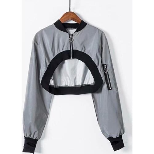 European American Style Short Sexy Jackets Hip Hop Sweet Girl Reflective Coat Loose Solid Sports Streetwear Zip Top 2021 New