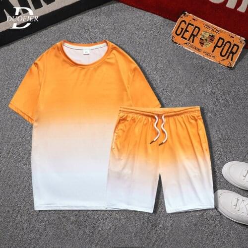 Summer New Men Set Short Sleeve Gradient Casual Tracksuit Mens Sportswear 2 Pieces Shorts Sets Male Jogging Sports Suit Clothing