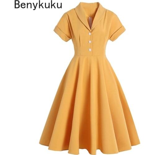 Summer Solid Yellow 50s 60s Vintage Dress Women Short Sleeve Notched Collar Button Up Elegant Office Party Dresses Robe Femme