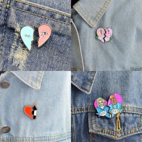 New 2 pcs/set Broken Heart Enamel Brooches Pins wine bottle Cigarette lighter/Smoke Best Buds Brooch Denim jacket Bag Pin Badge