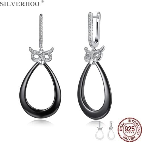 SILVERHOO 925 Sterling Silver Cute Owl Cubic Zirconia Drop Earrings For Women Water Drop Ceramics Earring Dangle Silver Jewelry