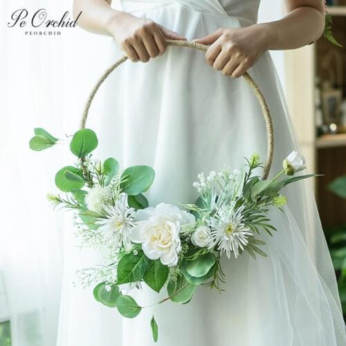 PEORCHID Bridal Portable Garland Basket Wreaths Artificial Flowers For Decoration Wedding Bride Holding Flowers Hoop Bouquet
