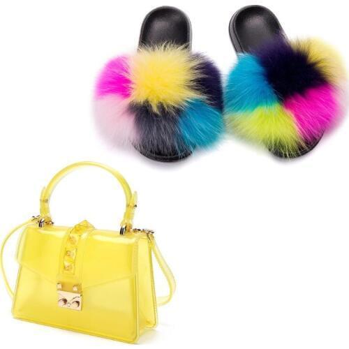 Women’s Real Fox Fur Slippers Pvc Candy Crossbody Bag Rainbow Handbag Colorful Jelly Shoulder Bag Shoes Sets Woman Fur Slides