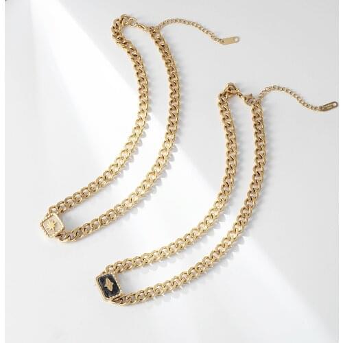 Vintage Stainless Steel Statement Choker Necklace For Women High Quality Gold Link Chain Square Pendant Necklace Jewelry