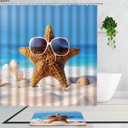 Sunlight Beach Scenery Shower Curtains Funny Starfish Leisure Vacation Sea Landscape Bath Curtain Fabric Set Non-Slip Carpet Mat