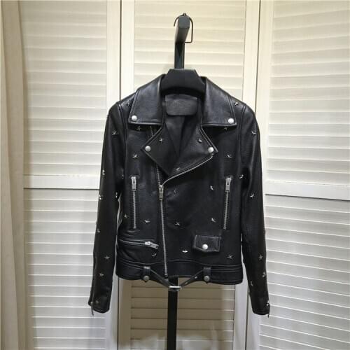 2020 Autumn Women' High quality Real leather Rivet jackets Hot chic women sheepskin genuine leather biker jackets C254