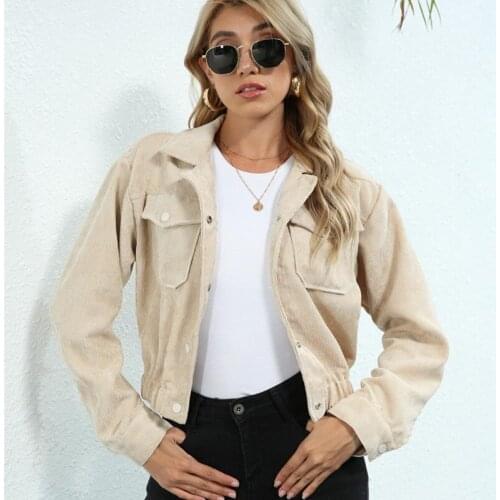 2021 Women Fashion Autumn Jacket Solid Color Turn-Down Neck Long Sleeve Single-Breasted Short Coat for Girls, Apricot