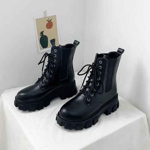 Fashion Motorcycle Boots Wedges Flat Shoes Woman High Heel Platform PU Leather Boots Lace Up Women Shoes Black Boots Girls