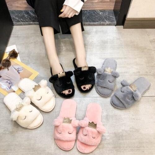 Ladies New Autumn/winter Cute Cartoon Plush Slippers At Home Soft Bottom Non-slip Flip-flop Plush Cotton Slippers