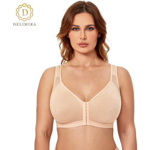 DELIMIRA Womens Full Coverage Front Closure Bra Posture X Back Non Padded Wireless Plus Size
