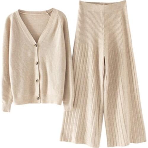 2021 Korean Style Chic Cardgian Sweater Tracksuits V-neck Long Sleeve Jumpers & Elastic Waist Pants Female Knitted 2 Pieces Set