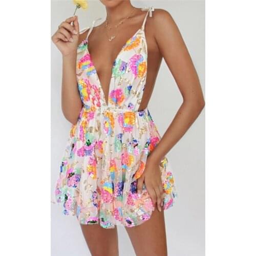 New Sexy Ladies Camisole Dress V-neck Cut Out Backless A-Line Sleeveless Sequin Inlay Dress For Summer Pink/White