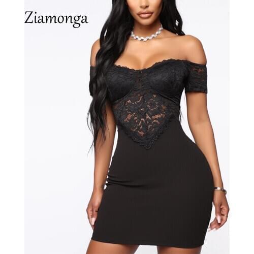 Ziamonga Lace Splicing Black Sheath Bodycon Dress Women Sexy Short Sleeve Strapless Mini Party Dress Clubwear Vestidos