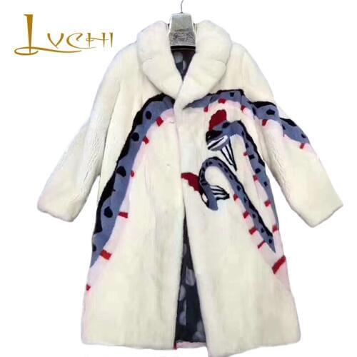 LVCHI Snake Pattern Genuine Leather Mink Overcoat 2019 Winter Fashion Real Fur Turn-down Warm Thin Bodycon Women Mink Fur Coats