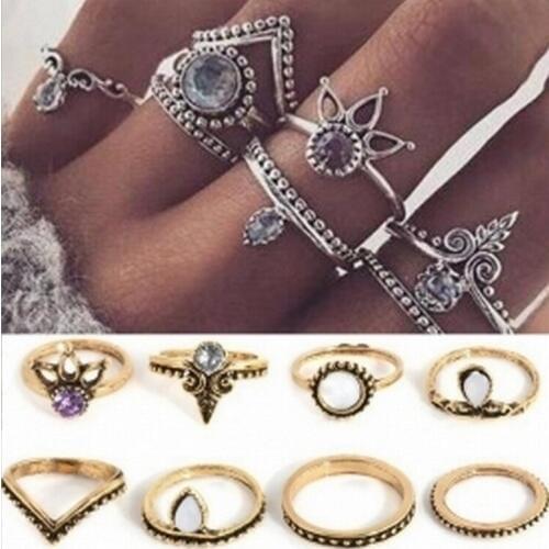 Bohemian Vintage Gold Crown Water Drops Star Geometric Crystal Ring Set Women Charm Joint Ring Party Wedding Jewelry