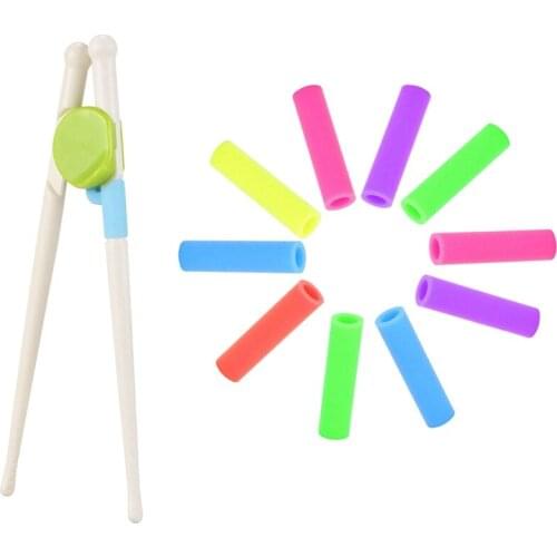 1 Pair Children Kids Beginner Chopsticks Green & 10Pcs Assorted Colors Reusable Silicone Straws Tips Covers