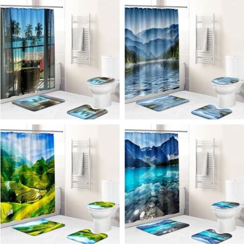 3D Bathroom Accessories Lifelike Modern Simple Waterproof Fabric Shower Curtain Set Non Slip Carpet Bathroom Set Bath Mat