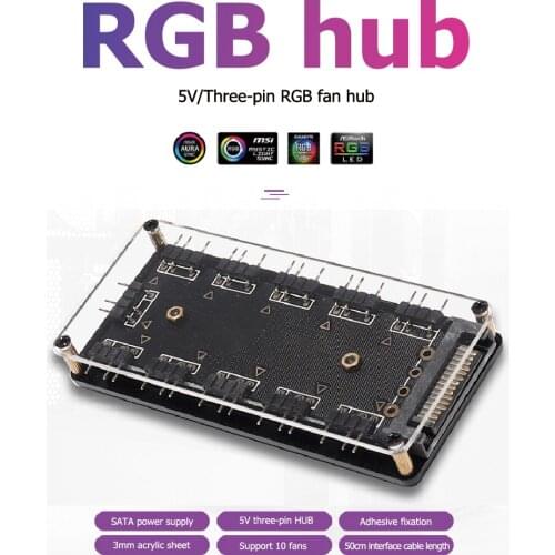 5V 3-pin RGB 10 Ports Fan Hub Splitter SATA Power ARGB Adapter Extension Cable for ASUS AURA SYNC MSI ASRock RGB LED w/Case