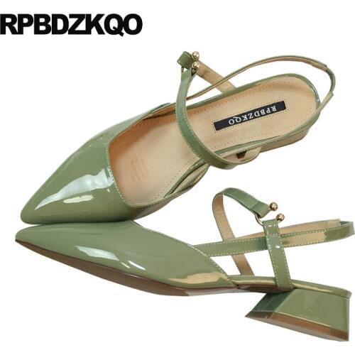Sandals Low Heels Summer Shoes Mary Jane Patent Leather Women High Strap Thick Slingback Green Pumps Dress Pointed Toe Sweet