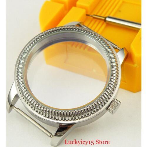 44mm Silver Color Hand Winding Watch Case Round with Glass Fit ETA 6497 6498 Movement
