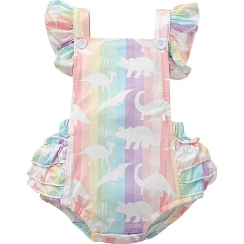 Baby Girl’s Sweet Ruffles Fly Sleeve Romper Fashion Dinosaur Rainbow Stripe Backless Jumpsuits