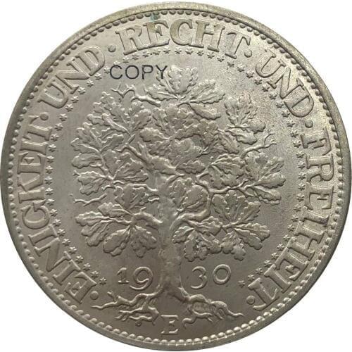 Germany 1930 E 5 Reichsmark DEUTSCHES REICH Brass Silver Plated Copy Coin With Reeded Edge