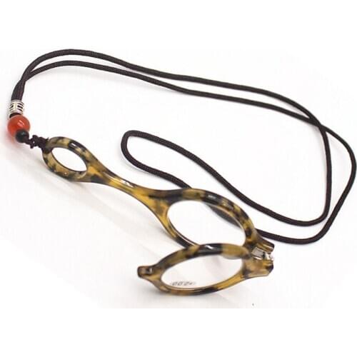 Leopard Style Pincenez Handy Hang on Neck Full Rim Light Weight Legless Round Small Size Necklace Reading Eyeglasses for Women