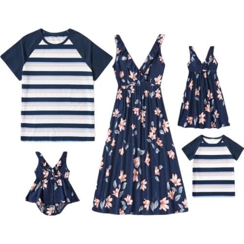 Summer Daddy Son Striped T-shirt Instagramable Family Matching Outfits Mommy Daughter Floral Print Sleeveless Dress