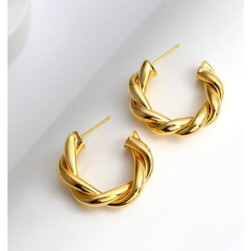 Lifefontier Vintage Twist Metal Circle Geometric Round Hoop Earrings for Women Real Gold Plated Copper Alloy Earrings Jewelry