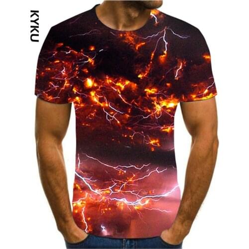 KYKU Summer mens 3D printing T-shirt lightning scenery printing t-shirt mens T-shirt Summer Black T-Shirt round neck beach