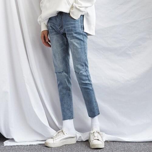 Spring/Summer Cotton Blue Broken Hole Men Denim Jeans Knee Ripped Frayed Vintage Jeans Men Korean Casual Ankle-Length Pants Male