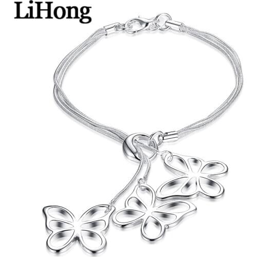 New Style 925 Sterling Silver Snake Chain Three Butterfly Bracelet Jewelry For Feminine Charm Wedding Engagement Fashion Party J