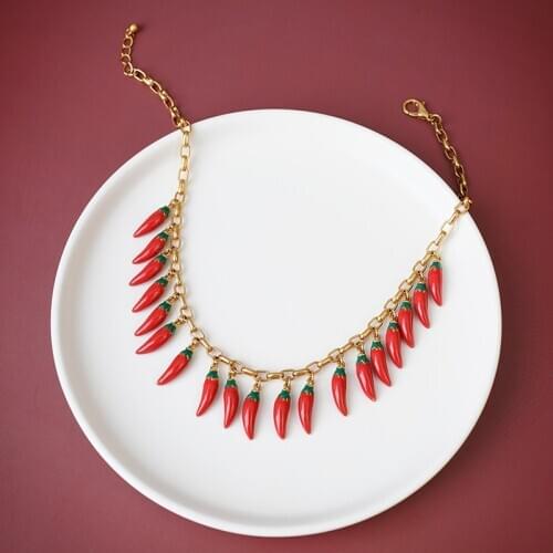 Chic Enamel Chili Charms Necklace Cute Women Girls Hot Peppers Cluster Pendant Choker Collar Multi Dangles Necklace