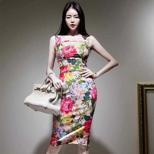 New arrival women fashion bodycon dress temperament summer elegant korean style sexy beach spaghetti strap floral pencil dress