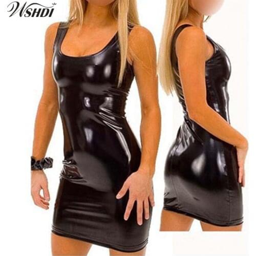 New Sexy PU Leather Dress Black Club Faux Leather Dress Women Sheath Sleeveless Tank Square Collar Backless Party Dresses