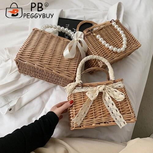Handmade Woven Purse Wicker Beach Handbag Fashion Women Pure Color Rattan Woven Pearl Basket Handbag Mini Tote Lunch Bags