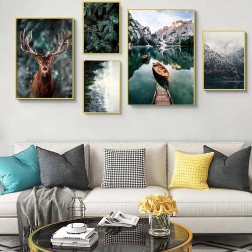 Nordic Poster Natural Scenery Beautiful Painting Wall Art Mountain Lake Deer Living Room Home Decoration Decoration Picture
