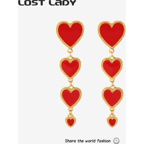 Lost Lady Fashion Long Heart Tassel Drop Earrings Lovely Korean Heart Pendant Earrings for Women Wedding Party Jewelry Gifts