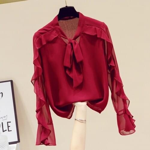 Chiffon Blouse Woman 2021 Spring Summer New Ruffled Slim Top Girls Ladies Bow Shirts Blusas Mujer De Moda White Red Color