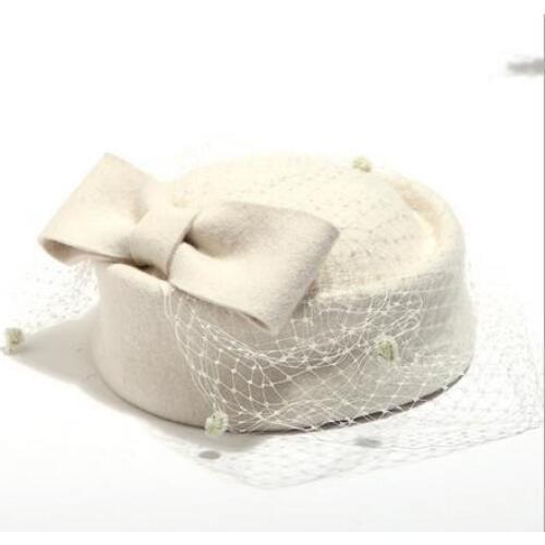 British Royal Dotted Veil Wool Hat For Women Elegant Winter Australian Wool Wine Red Airline Stewardess White Women Fedora Caps
