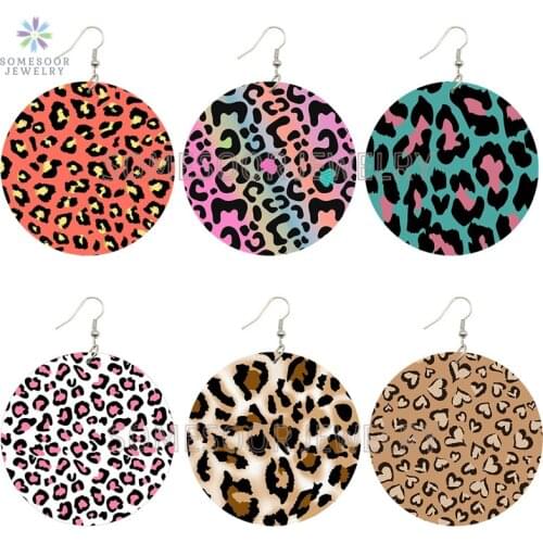SOMESOOR Leopard Skin Animal Design Printed Afro Fabric Wooden Drop Earrings African Cute Loops Dangle Jewelry For Women Gifts