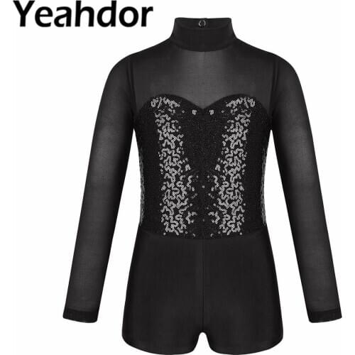 Kids Dance Wear Teens Girls Long Sleeves Mock Neck Sparkly Sequins Tulle Splice Ballet Gymnastic Leotard Ballet Biketard Unitard