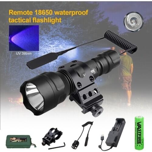 C8 Ultraviolet UV Hunting Flashlight Portable Rifle Lanterna+Laser Dot Sight Scope+Switch+20mm Rail Barrel Mount+18650+Charger