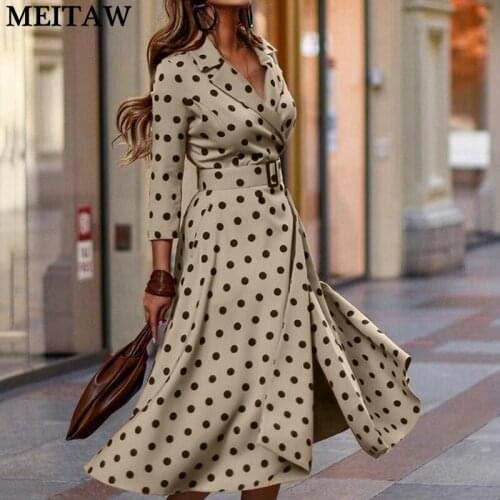2021 Spring Autumn Women Dot Polka Party Dress Vintage Lady 3/4 Sleeve Office Dresses Elegant Belted Long Midi Dress Plus Size