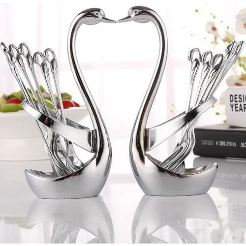 Alloy Swan Fork Tableware Fork Spoon Set Stand Holder Dinnerware Sets Wedding Party Fruit Holder Decoration Dinner Silverware