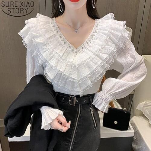 Fashion Beading Ruffles Tops Chiffon Blouse with Lace New Elegant Puff Long Sleeve V-neck Vintage Shirt for Women Clothing 16891