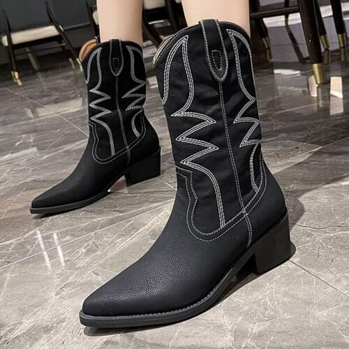 Big Size Women Modern Boots New 2021 Autumn Winter Fashion Ladies Pointed Toe Square Heels Shoes Female Mid Calf Chelsea Boots