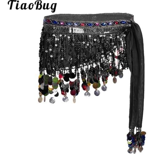 Women Girls Shiny Sequins Tassel Waist Chain Lace-Up Hip Scarf Wrap Skirt Female Stage Performance India Belly Dance Costume